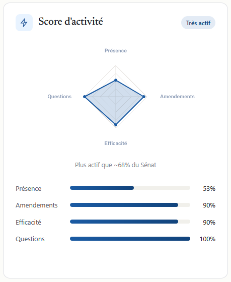 Score d’activité parlementaire 2023–2026 de Patrick Chaize selon NosParlementaires.fr : présence 53 %, amendements 90 %, efficacité 90 %, questions 100 %.